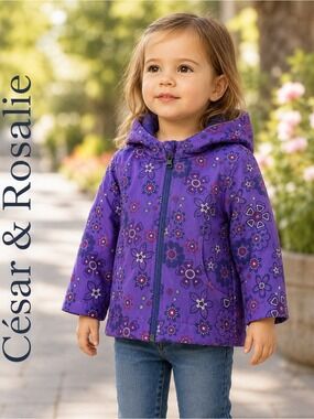 César & Rosalie Girls Purple Floral Hooded Jacket Size 3T Fleece Lined Coat